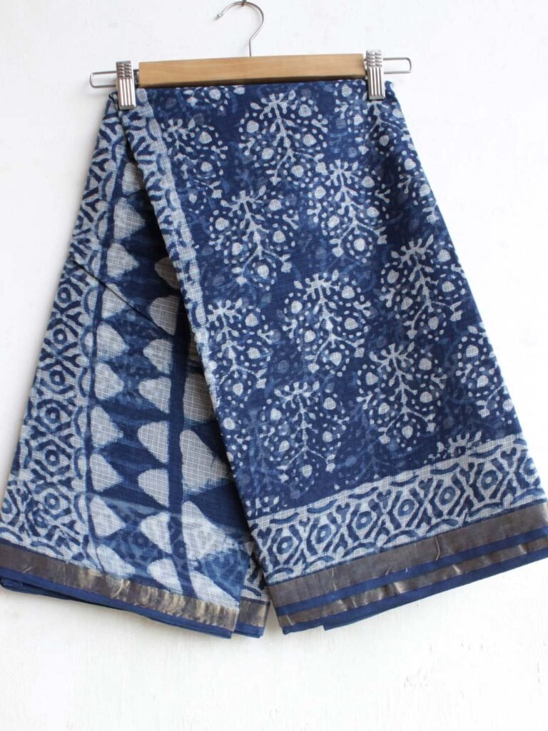 Dabu-indigo-block-printed-kota-doriya-cotton-saree.Shilphaat