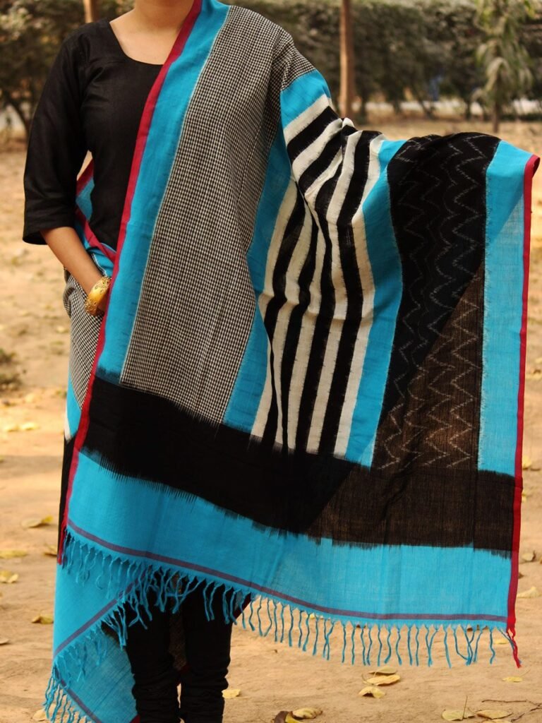 blue-black-and-white-ikat-dupatta at Shilphaat.com