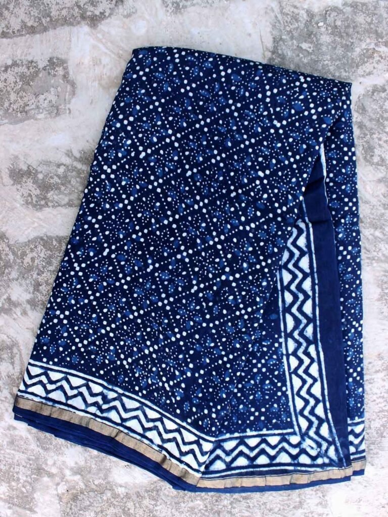 Indigo and white dabu-printed Chanderi sari by Shilphaat.com