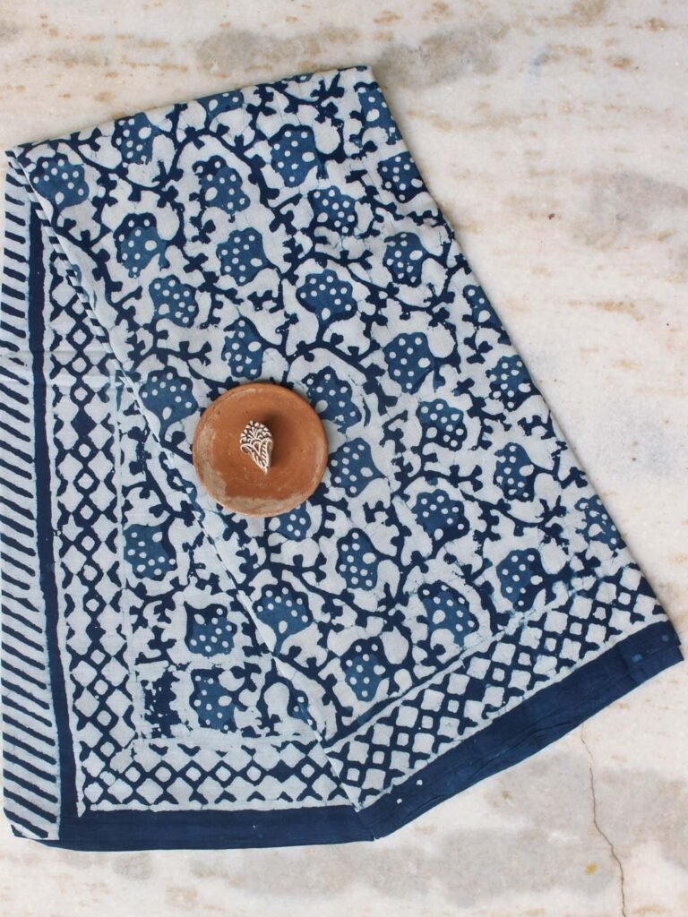 White and Indigo Block-Printed Mul-cotton Sari by Shilphaat