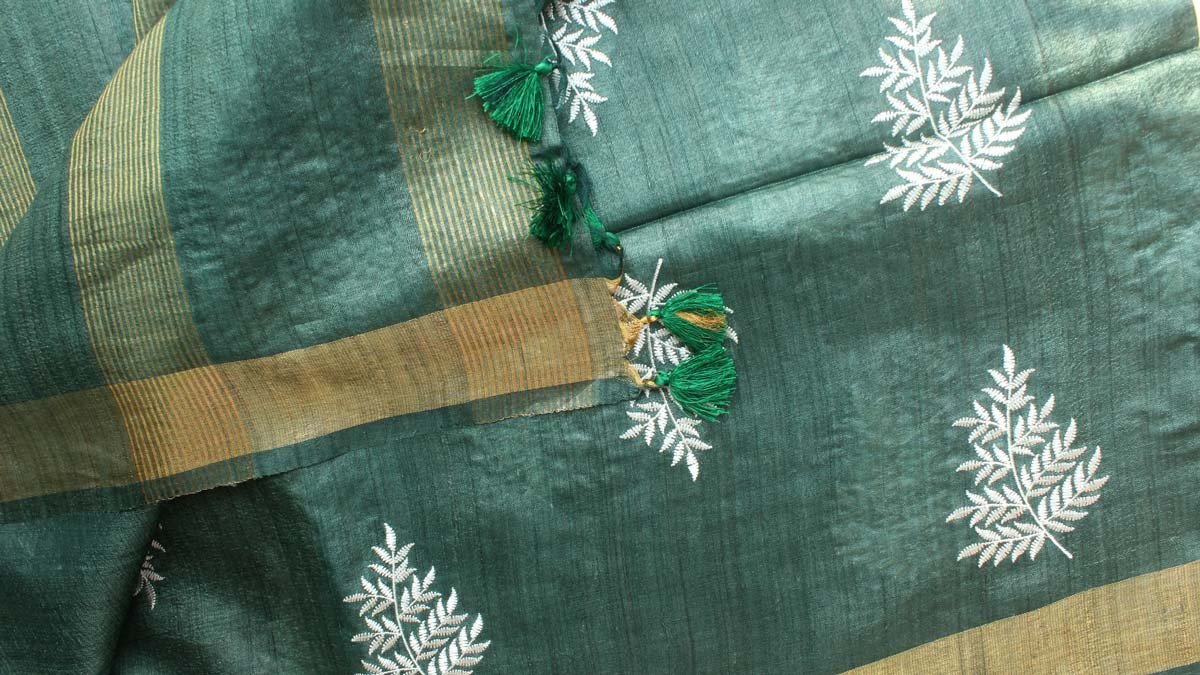 Hunter-Green-and-white-embroidered-desi-tussar-silk-sari-Shilphaat