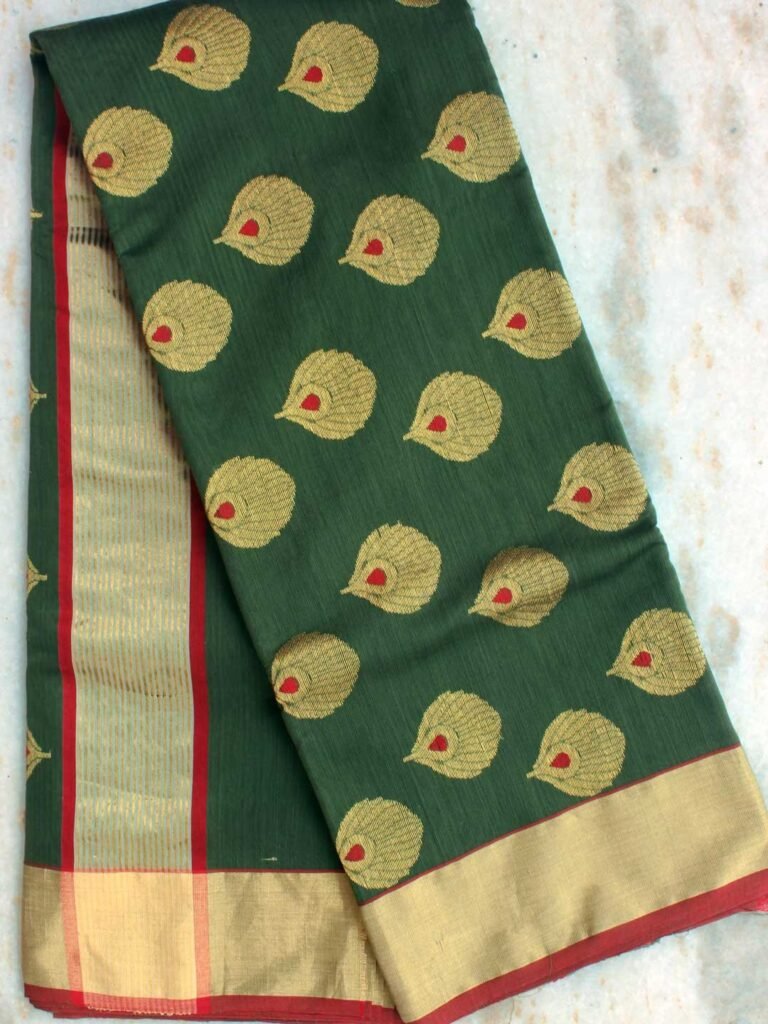 Red and Green zari-work Chanderi saree at Shilphaat.com
