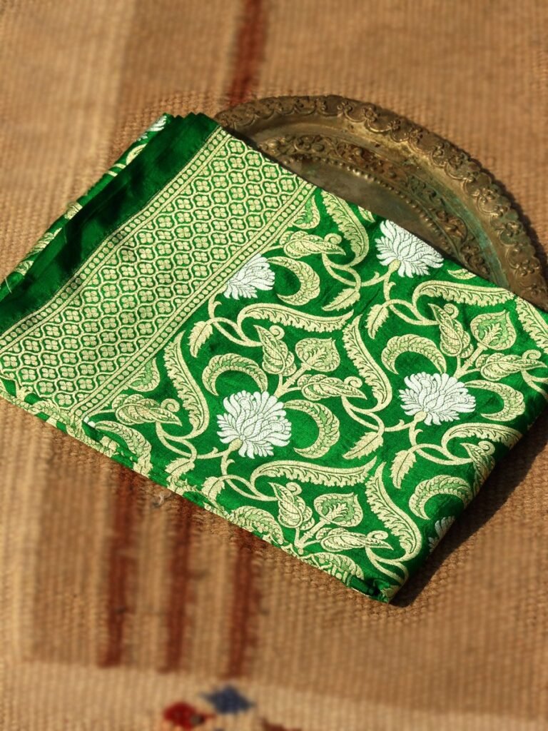 Dark-Green Pure Katan-Silk handwoven Banarasi Dupatta at Shilphaat.com