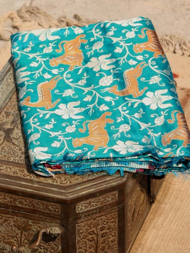 Teal-blue-pure-silk-shikargah-banarasi-dupatta at Shilphaat.com