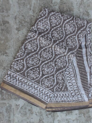 Block-Printed Brown-Grey Kota-cotton saree