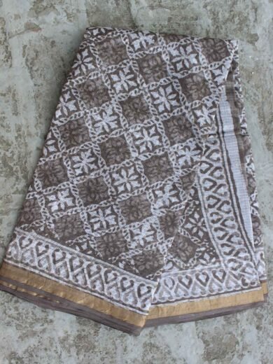 Dabu-Printed Brown Grey Kota-cotton saree