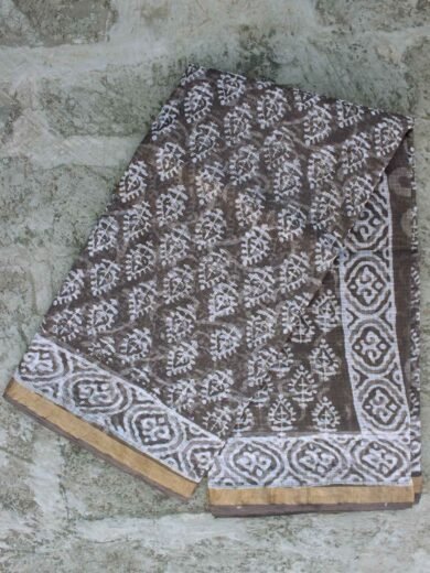 Leaves Block-printed Grey-Brown Kota cotton saree