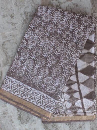 Floral Block-Printed Brown-Grey Kota-Cotton saree